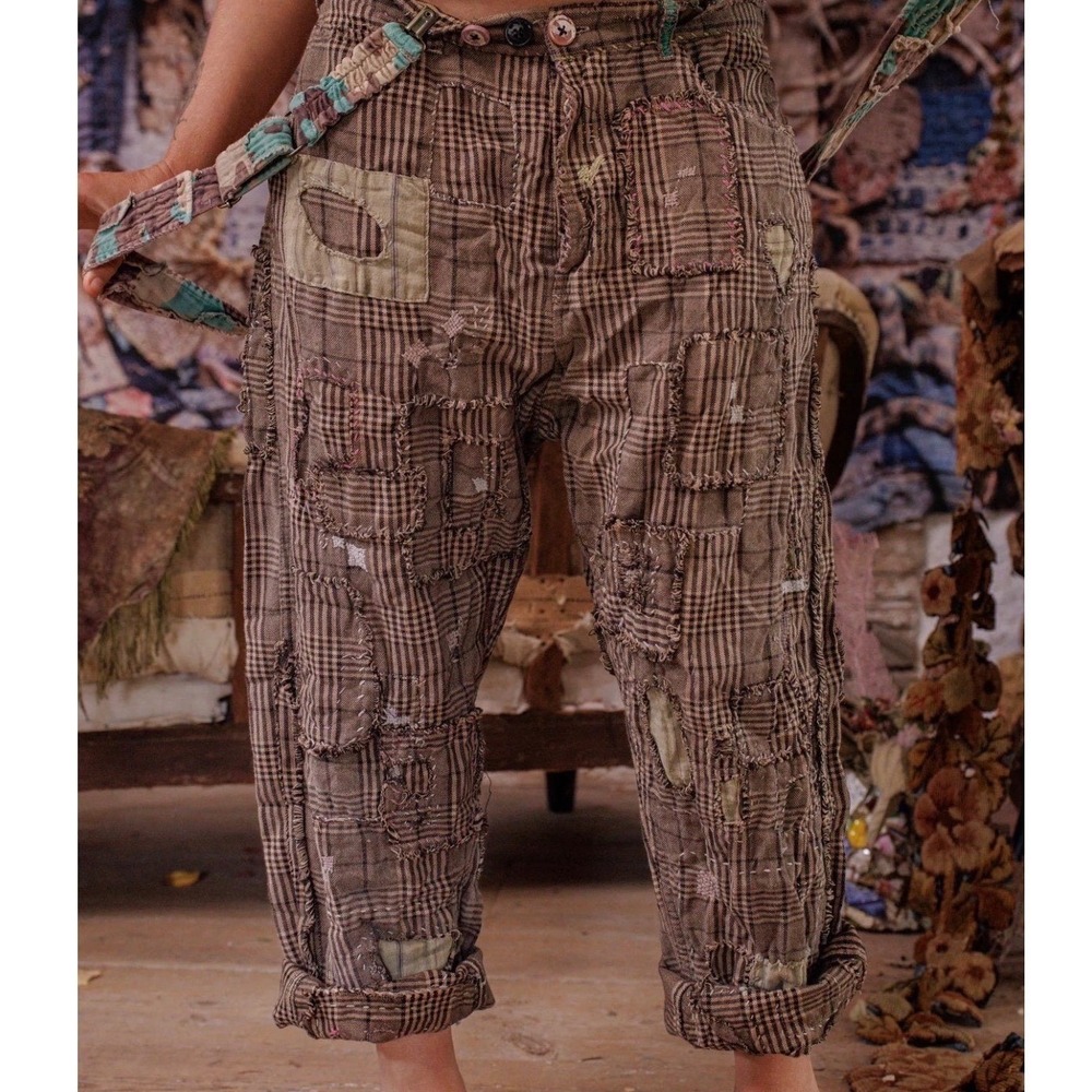Magnolia Pearl Yarn Dyed Cotton Patchwork Check Miner Pants Adjustable Waist NEW - Picture 5 of 14